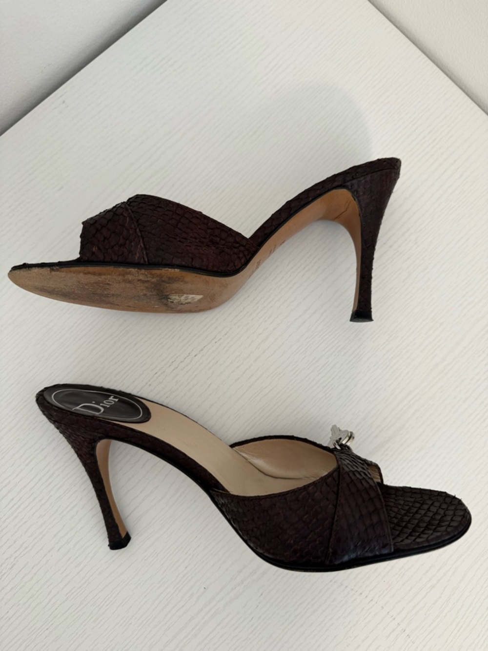 Dior Galliano SS 2003 Vintage Lock & Key Python Mule Heels Brown Y2K Mules 38 - Picture 3 of 15